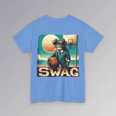 The "SWAG Frog Backside" men's classic t-shirt, with a frog in a business suit, holding a basketball, on a beach basketball court, with the sun in the background and creative font that says "SWAG" at the bottom of the graphic. Graphic on the backside; color Carolina blue.