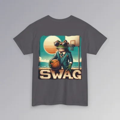 The "SWAG Frog Backside" men's classic t-shirt, with a frog in a business suit, holding a basketball, on a beach basketball court, with the sun in the background and creative font that says "SWAG" at the bottom of the graphic. Graphic on the backside; color charcoal.