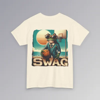 The "SWAG Frog Backside" men's classic t-shirt, with a frog in a business suit, holding a basketball, on a beach basketball court, with the sun in the background and creative font that says "SWAG" at the bottom of the graphic. Graphic on the backside; color natural.