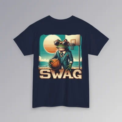The "SWAG Frog Backside" men's classic t-shirt, with a frog in a business suit, holding a basketball, on a beach basketball court, with the sun in the background and creative font that says "SWAG" at the bottom of the graphic. Graphic on the backside; color navy.