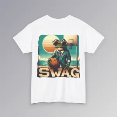 The "SWAG Frog Backside" men's classic t-shirt, with a frog in a business suit, holding a basketball, on a beach basketball court, with the sun in the background and creative font that says "SWAG" at the bottom of the graphic. Graphic on the backside; color white.