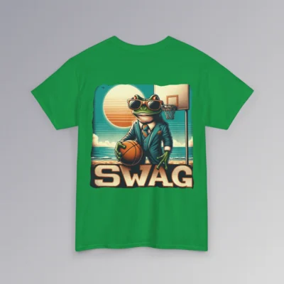 The "SWAG Frog Backside" men's classic t-shirt, with a frog in a business suit, holding a basketball, on a beach basketball court, with the sun in the background and creative font that says "SWAG" at the bottom of the graphic. Graphic on the backside; color Irish green.