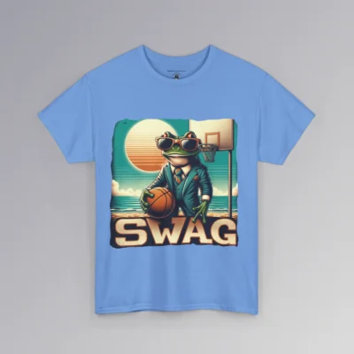 The "SWAG Frog" men's classic t-shirt, with a frog in a business suit, holding a basketball, on a beach basketball court, with the sun in the background and creative font that says "SWAG" at the bottom of the graphic. Graphic on the frontside; color Carolina blue.