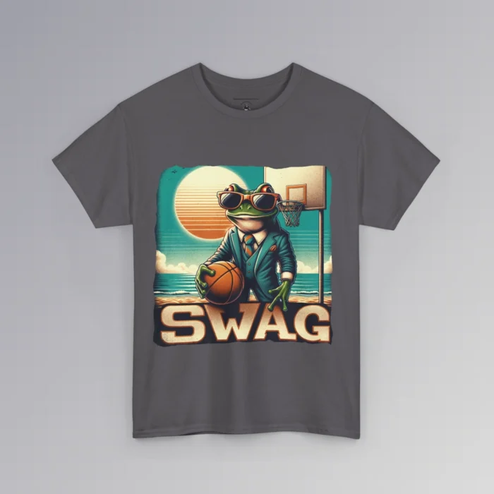 The "SWAG Frog" men's classic t-shirt, with a frog in a business suit, holding a basketball, on a beach basketball court, with the sun in the background and creative font that says "SWAG" at the bottom of the graphic. Graphic on the frontside; color charcoal.