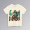 The "SWAG Frog" men's classic t-shirt, with a frog in a business suit, holding a basketball, on a beach basketball court, with the sun in the background and creative font that says "SWAG" at the bottom of the graphic. Graphic on the frontside; color natural.