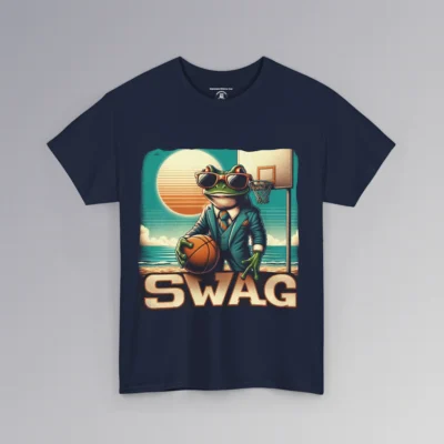 The "SWAG Frog" men's classic t-shirt, with a frog in a business suit, holding a basketball, on a beach basketball court, with the sun in the background and creative font that says "SWAG" at the bottom of the graphic. Graphic on the frontside; color navy.