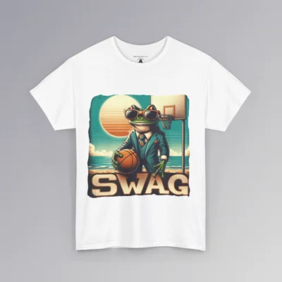 The "SWAG Frog" men's classic t-shirt, with a frog in a business suit, holding a basketball, on a beach basketball court, with the sun in the background and creative font that says "SWAG" at the bottom of the graphic. Graphic on the frontside; color white.