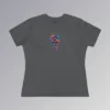 An asphalt colored t-shirt with a vibrant, multi-colored flower on the front of the t-shirt. The graphic looks as if it has been created with splashing vibrant colored paints, with hues of blue, violet, pink, and orange.