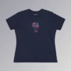 A navy colored t-shirt with a vibrant, multi-colored flower on the front of the t-shirt. The graphic looks as if it has been created with splashing vibrant colored paints, with hues of blue, violet, pink, and orange.