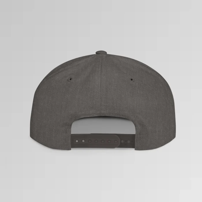 A mockup of the back of the "BBGB Flat Bill Snapback Cap" - dark heather.