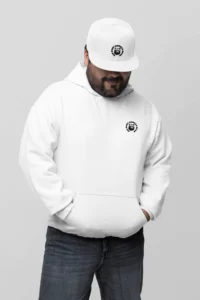 Male model wearing the embroidered BBGB Flat Bill Snapback Cap and matching sweatshirt - white.