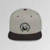 A mockup of the front of the "BBGB Flat Bill Snapback Cap", with "Big Baby Gorilla Bear" embroidered in a circular font pattern surrounding the Big Baby Gorilla Bear Mascot embroidered on a heather black cap.