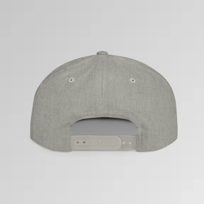 A mockup of the back of the "BBGB Flat Bill Snapback Cap" - heather grey.