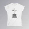 The front of a t-shirt with 3D text which states "Christ Is My Firm Foundation", from a slightly left perspective, in the shape of a simple house, with an old, wooden cross in the background. Color: White. Her Style.