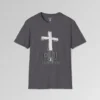 The front of a t-shirt with 3D text which states "Christ Is My Firm Foundation", from a slightly left perspective, in the shape of a simple house, with an old, wooden cross in the background. Color: Charcoal. His Style.