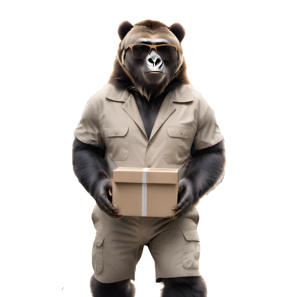 Big Baby Gorilla Bear Mascot, mix between a gorilla and grizzly bear, wearing brown shades and a tan, short sleeve work suit, carrying a shipping box.