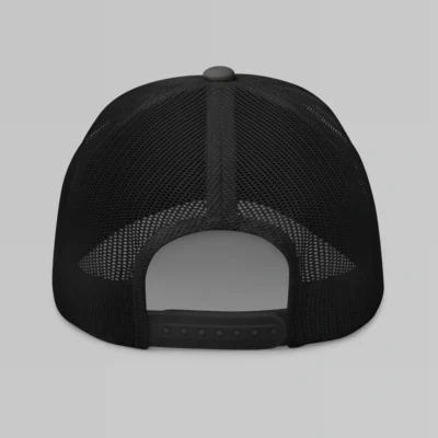 Back of a Charcoal and Black Mesh Trucker cap.