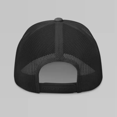 Back of a Heather Gray Mesh Trucker cap.