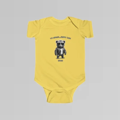 Baby butter colored onesie with the words "Yo Moms...Sippy Cup! Now!" top and bottom of an image of a toddler gorilla/grizzly bear hybrid creature, wearing a leather jacket, and cool shades, with a white t-shirt underneath.
