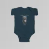 Baby navy colored onesie with the words "Yo Moms...Sippy Cup! Now!" top and bottom of an image of a toddler gorilla/grizzly bear hybrid creature, wearing a leather jacket, and cool shades, with a white t-shirt underneath.