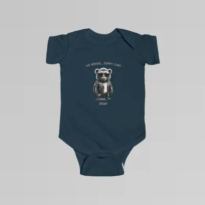 Baby navy colored onesie with the words "Yo Moms...Sippy Cup! Now!" top and bottom of an image of a toddler gorilla/grizzly bear hybrid creature, wearing a leather jacket, and cool shades, with a white t-shirt underneath.