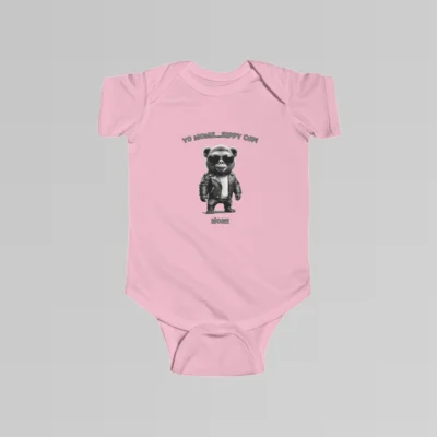 Baby pink colored onesie with the words "Yo Moms...Sippy Cup! Now!" top and bottom of an image of a toddler gorilla/grizzly bear hybrid creature, wearing a leather jacket, and cool shades, with a white t-shirt underneath.