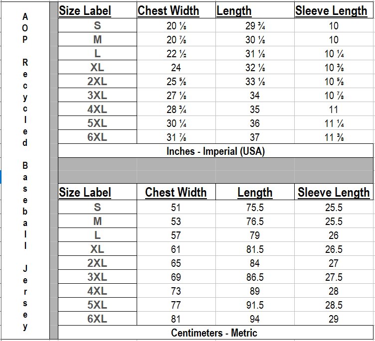 Tabled Baseball Jersey Size Chart (Small to 6X)