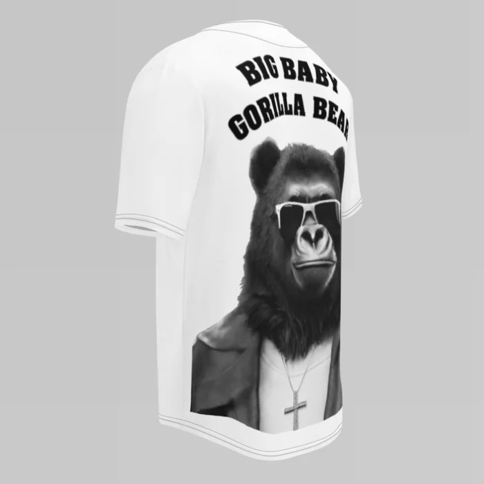 3D Mockup of a white sports jersey (backside from left view angle), with the words "Big Baby Gorilla Bear" in curved font on the back of the shirt, and a giant image of the Big Baby Gorilla Bear Mascot taking up most of the back of the jersey.