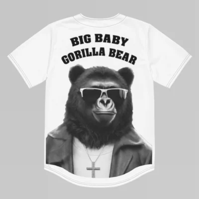 Backside of a jersey with the words "Big Baby Gorilla Bear, in curved, baseball jersey-styled font. Beneath the wording, there is a super-imposed image of the Big Baby Gorilla Bear mascot (gorilla-bear hybrid creature, wearing sunglasses and a cross necklace).