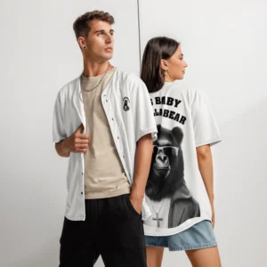 A male and female model, standing back to back, showcasing the BBGB Recycled Baseball Jersey from BigBabyGorillaBear.Com (White jersey).