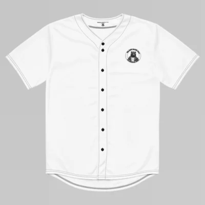 Frontside mockup of the BBGB Recycled Baseball Jersey (white), showcasing the front of the jersey, and the Big Baby Gorilla Bear circular logo on the front left breast of the jersey.