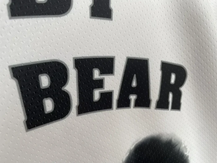 A close up shot of the word "BEAR", highlighting the font and lettering on the back of the BBGB Recycled Baseball Jersey.