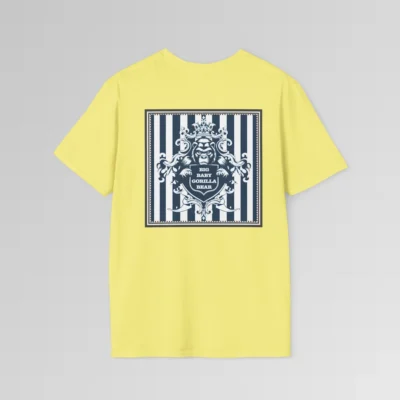The back of a cornsilk colored t-shirt mockup with navy and white vertical stripes in a grey, triple lined frame, with an elaborate crest of a gorilla bear creature, holding a shield that has the words "Big Baby Gorilla Bear" on it.