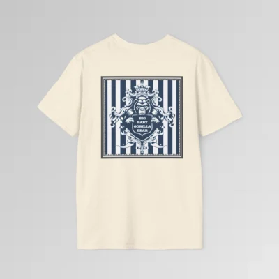 The back of a natural colored t-shirt mockup with navy and white vertical stripes in a grey, triple lined frame, with an elaborate crest of a gorilla bear creature, holding a shield that has the words "Big Baby Gorilla Bear" on it.