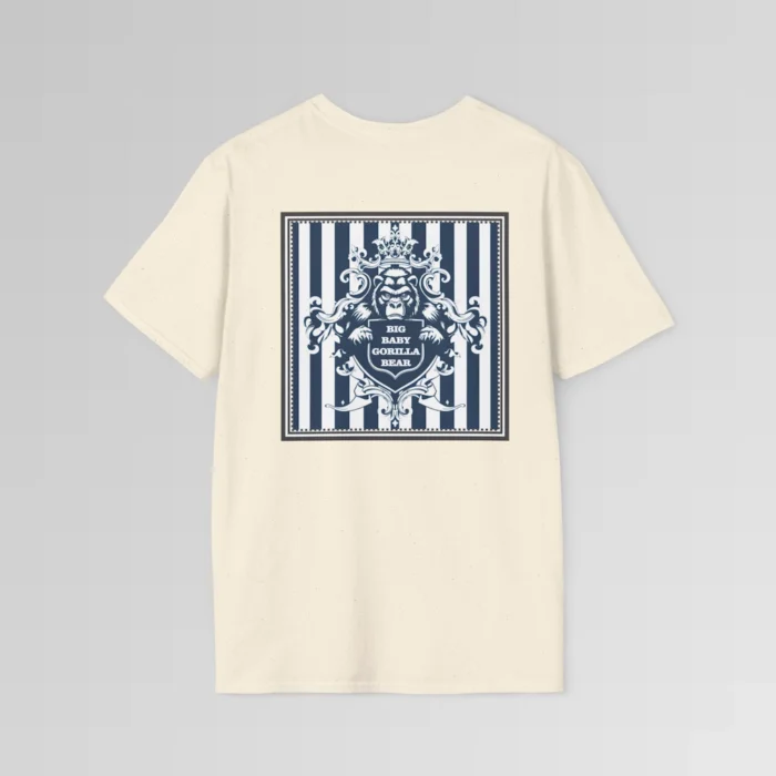 The back of a natural colored t-shirt mockup with navy and white vertical stripes in a grey, triple lined frame, with an elaborate crest of a gorilla bear creature, holding a shield that has the words "Big Baby Gorilla Bear" on it.