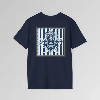 The back of a navy colored t-shirt mockup with navy and white vertical stripes in a grey, triple lined frame, with an elaborate crest of a gorilla bear creature, holding a shield that has the words "Big Baby Gorilla Bear" on it.