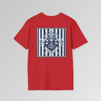 The back of a red colored t-shirt mockup with navy and white vertical stripes in a grey, triple lined frame, with an elaborate crest of a gorilla bear creature, holding a shield that has the words "Big Baby Gorilla Bear" on it.