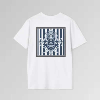 The back of a white colored t-shirt mockup with navy and white vertical stripes in a grey, triple lined frame, with an elaborate crest of a gorilla bear creature, holding a shield that has the words "Big Baby Gorilla Bear" on it.