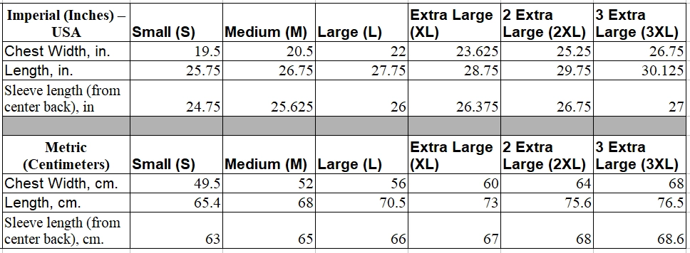 Tabled Sweatshirt Size Chart (Small to 3X)