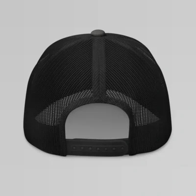 Back of a Charcoal Black Mesh Trucker cap.