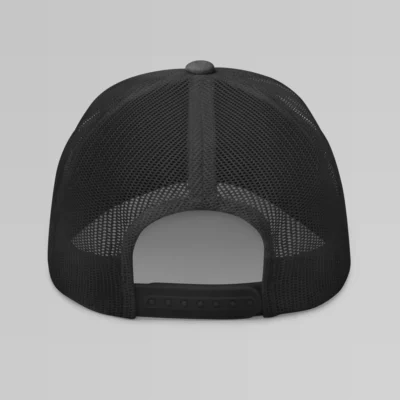 Back of a Dark Heather Mesh Trucker cap.