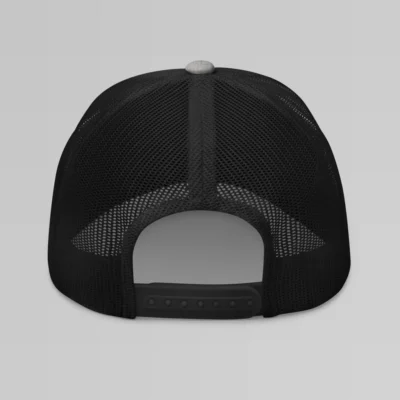 Back of a Heather Black Mesh Trucker cap.