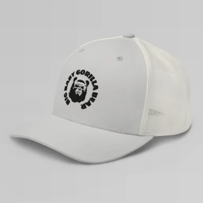 Left side view of a Silver mesh trucker cap, with the Big Baby Gorilla Bear mascot's face and the Big Baby Gorilla Bear Name encircling the face, Embroidered in black and white on the front of the cap.