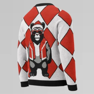 The back side of a 3D mockup of a red checkered knit sweatshirt with a slightly pixelated gorilla-bear hybrid (our mascot) on the front and back. The gorilla bear is wearing a Christmas Hat, Red shades, and a Santa hat.