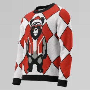 The front side of a 3D mockup of a red checkered knit sweatshirt with a slightly pixelated gorilla-bear hybrid (our mascot) on the front and back. The gorilla bear is wearing a Christmas Hat, Red shades, and a Santa hat.