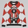 The front side of a sweater mockup of a red checkered knit sweatshirt with a slightly pixelated gorilla-bear hybrid (our mascot) on the front and back. The gorilla bear is wearing a Christmas Hat, Red shades, and a Santa hat.