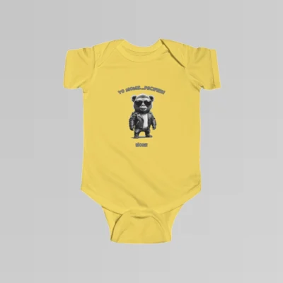 Baby butter colored onesie with the words "Yo Moms...Pacifier! Now!" top and bottom of an image of a toddler gorilla/grizzly bear hybrid creature, wearing a leather jacket, and cool shades, with a white t-shirt underneath.