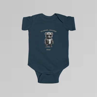 Baby navy colored onesie with the words "Yo Moms...Pacifier! Now!" top and bottom of an image of a toddler gorilla/grizzly bear hybrid creature, wearing a leather jacket, and cool shades, with a white t-shirt underneath.