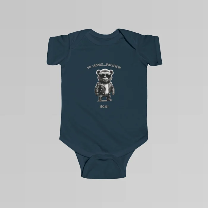 Baby navy colored onesie with the words "Yo Moms...Pacifier! Now!" top and bottom of an image of a toddler gorilla/grizzly bear hybrid creature, wearing a leather jacket, and cool shades, with a white t-shirt underneath.