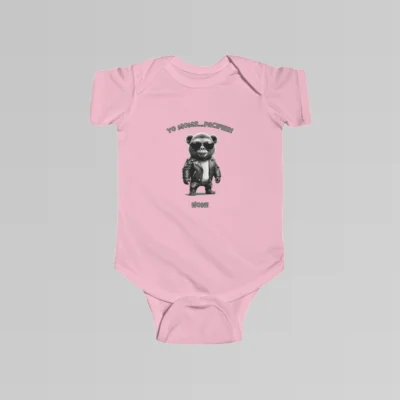 Baby pink colored onesie with the words "Yo Moms...Pacifier! Now!" top and bottom of an image of a toddler gorilla/grizzly bear hybrid creature, wearing a leather jacket, and cool shades, with a white t-shirt underneath.